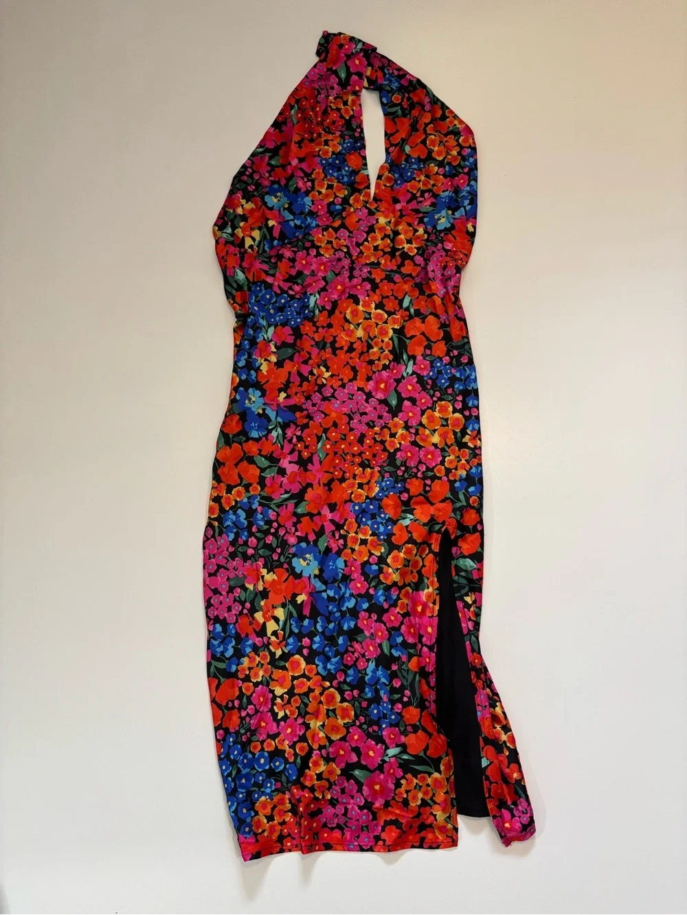 Lulus Bold Presence Black and Red Multi Floral Satin Halter Midi Dress Small - Picture 6 of 13